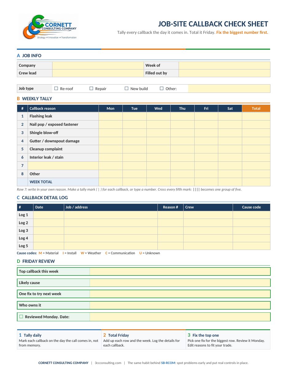 Preview of the one-page Job-Site Callback Check Sheet